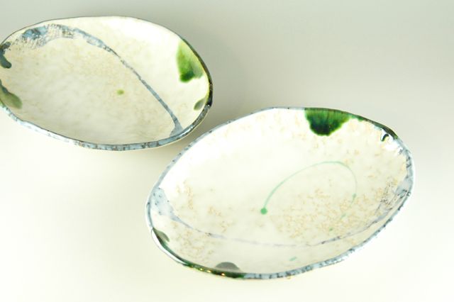 萬古焼】織部流線 小判皿 小 14cm×19．5cm×高さ3．7cm